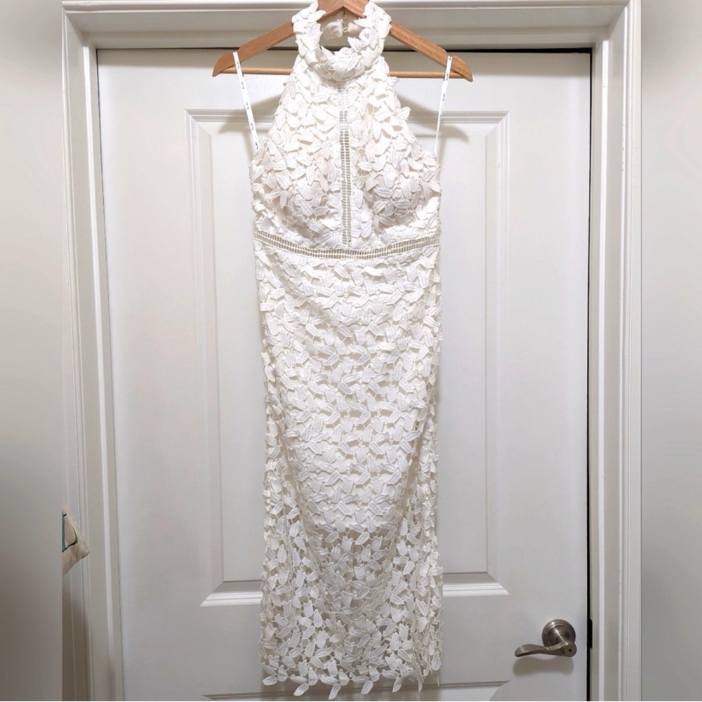Bardot Lace Illusion Halter Ivory Midi Dress